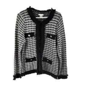 Laura Ashley Sweater Jacket MEDIUM Wool Blend Black White Cardigan Vintage Soft